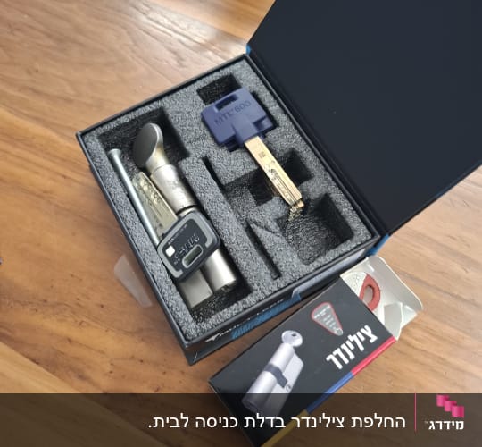 מנעול וגליל באריזה על שולחן עץ